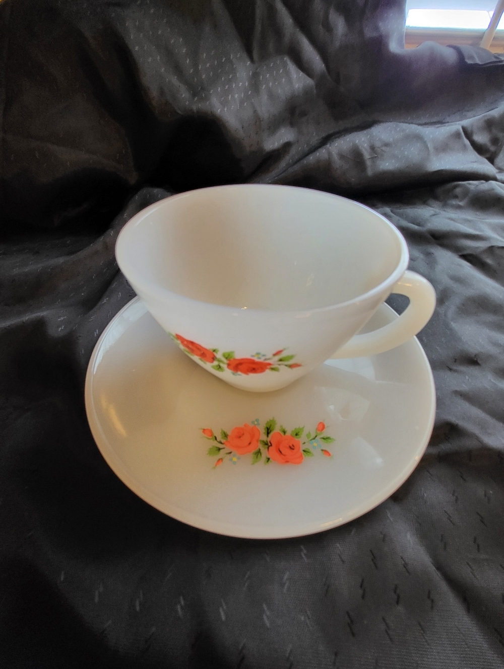 FIRE KING White Teacup and Saucer with Coral Rose Floral Pattern